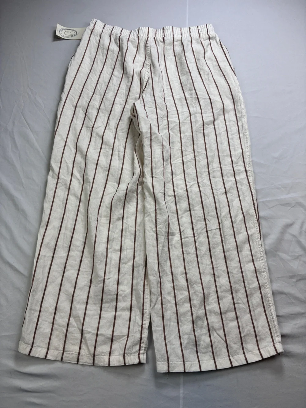 stars above Linen Blend Cream Wide-Leg Crop Pants with Brown Pinstripes Sz M